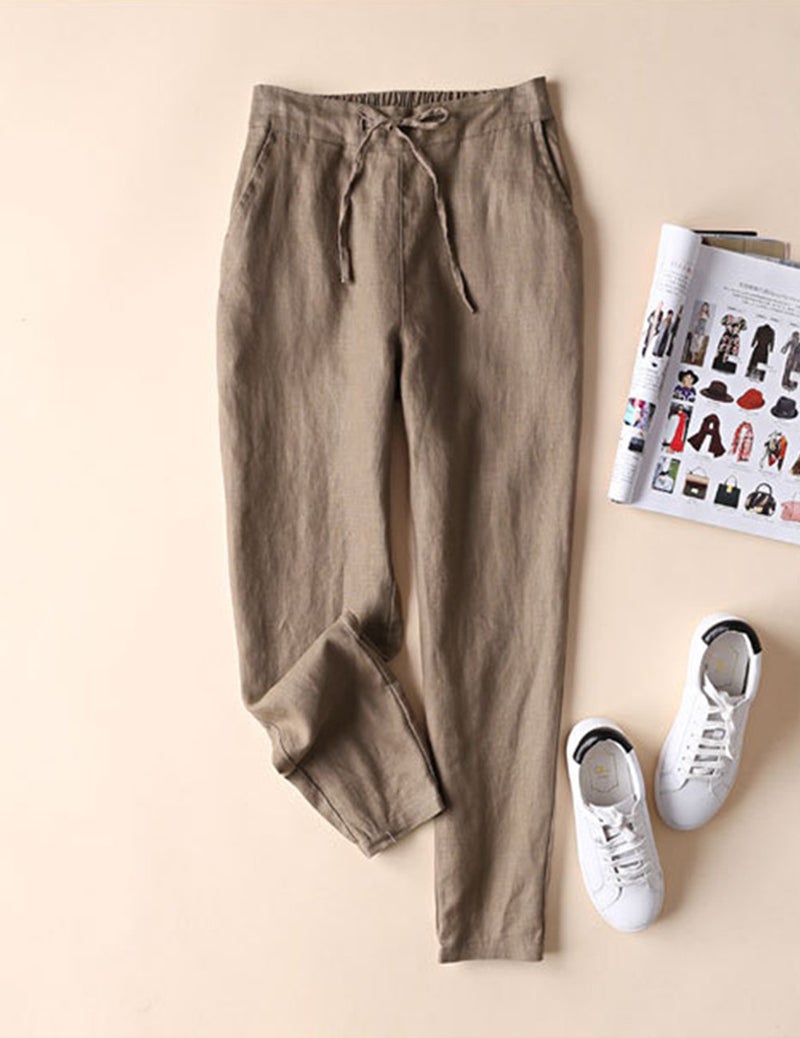 IXIMO Women's Tapered Pants 100% Linen Drawstring Back Elastic Waist Pants Trousers with Pockets Dark Khaki M - Image 2